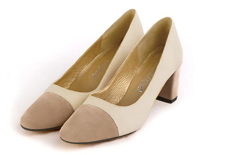 Tan beige and champagne white women's dress pumps,with a square neckline. Round toe. Medium block heels. Front view - Florence KOOIJMAN